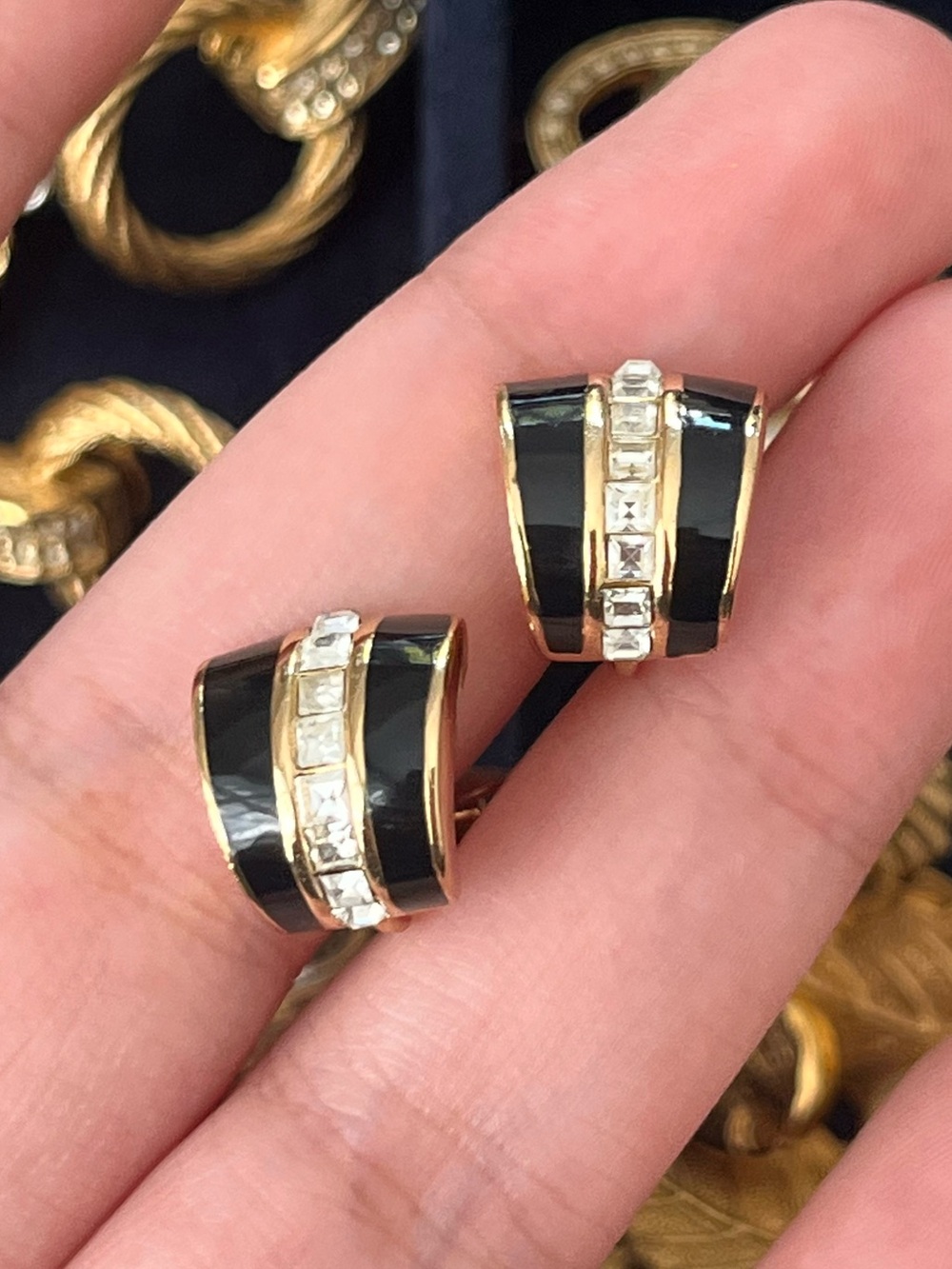 Authentic Vintage Dior Square Stone Black Enamel Mini Hoop Gold Clip-On Earrings